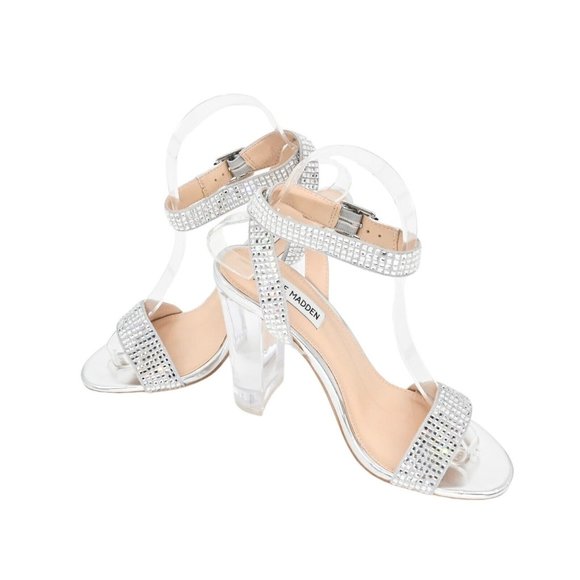 Steve Madden Shoes - STEVE MADDEN Womens Valenty Rhinestone Heeled Sandal Silver Clear Size 8 M